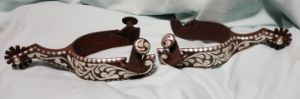 Western Sterling Silver Inlay Spurs with Leaf Pattern - Patina Finish